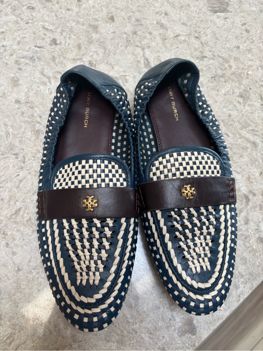 Tory Burch Navy Blue and Cream Woven Leather Loafers with Brown Strap